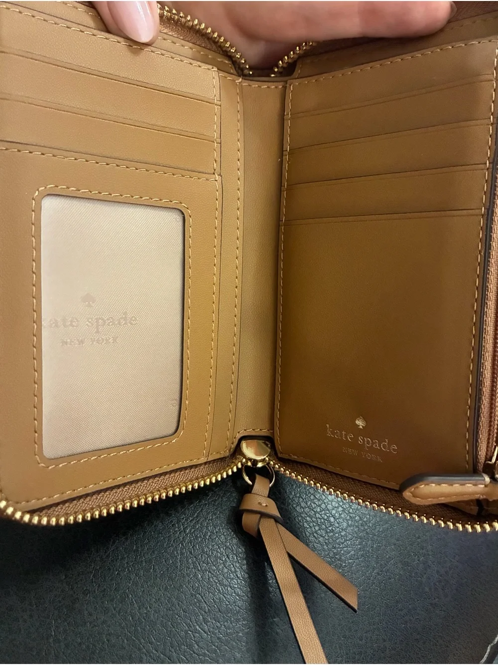 kate spade Pebbled Zip Around Wallet in Camel Brown with Gold Logo